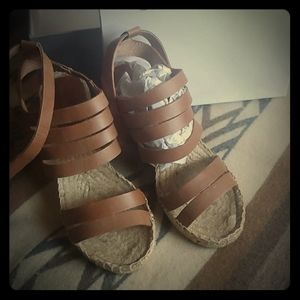 Charles David Strappy Leather Cognac Wedges